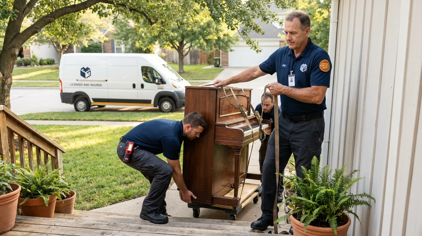 Licensed piano movers securing grand piano in Broken Arrow, OK
