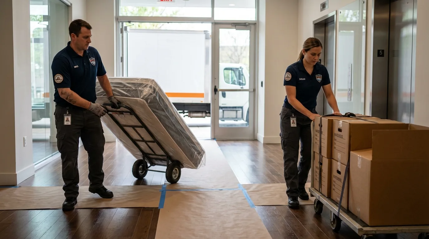 Professional apartment movers loading elevator in Broken Arrow, OK